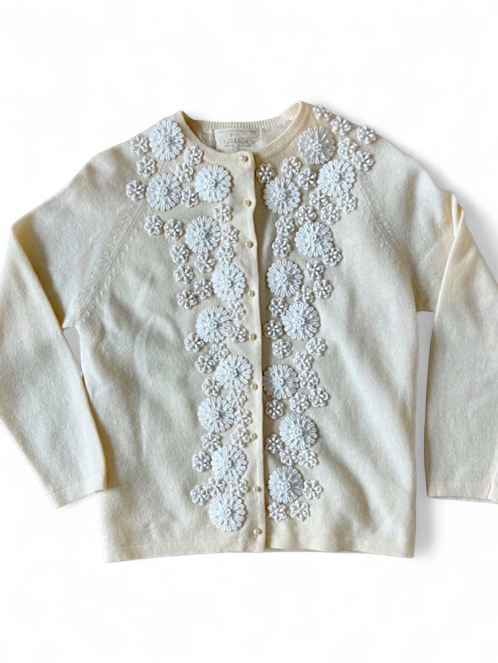Vintage 50s Beaded Embroidered Wool Angora Cardigan Handmade Pearl Buttons SZ S